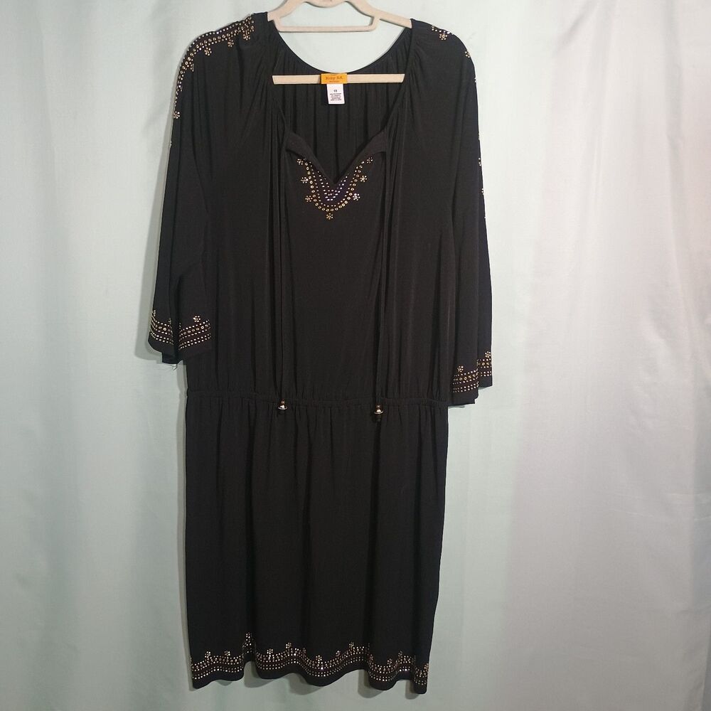 Women’s Black Boho Embellished Dress Gold Studded 3/4 Sleeve Shift Dress